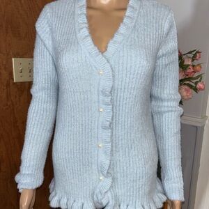 Inner Circle XL Baby Blue Fuzzy Ruffle Cardigan w Pearl Buttons